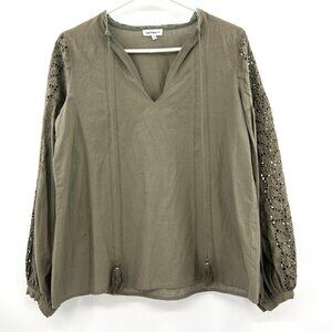 Marina V Green Eyelet Sleeve Peasant Blouse T2 Women's Medium Oversized